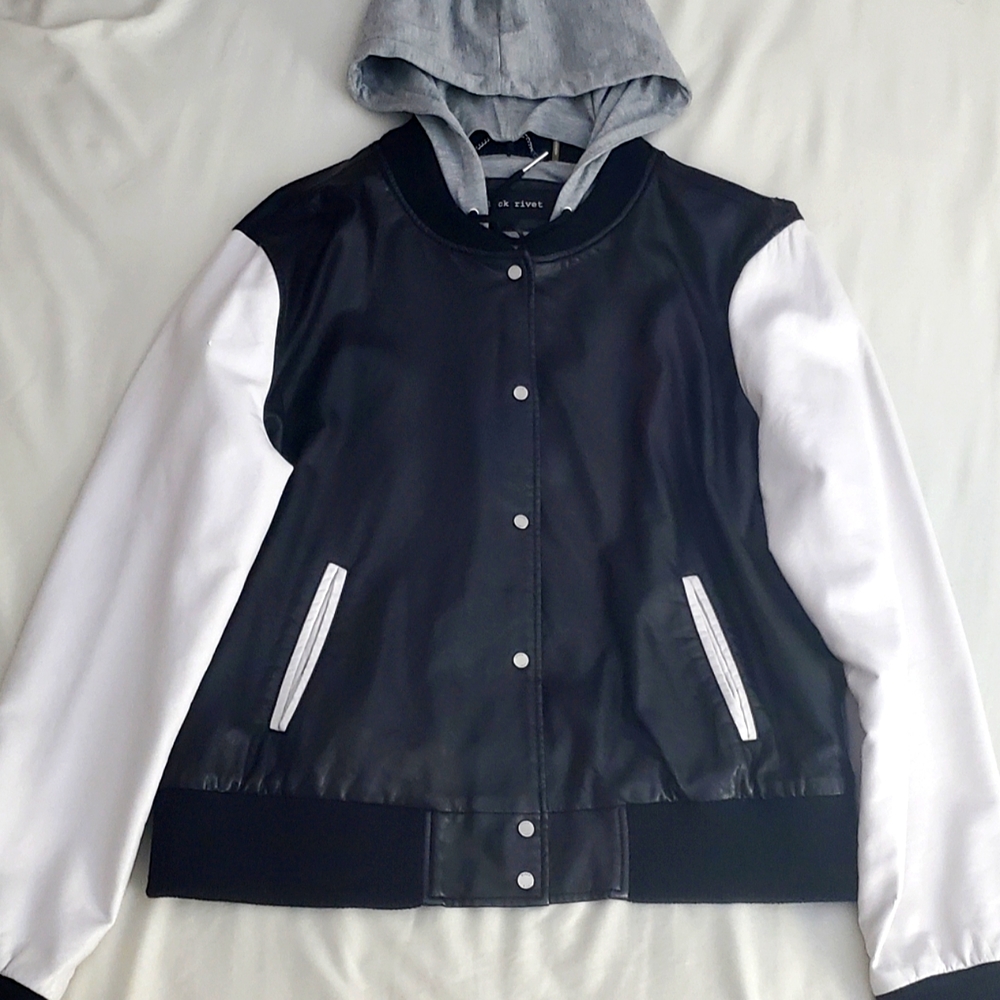 Black Rivet Varsity Vegan Leather Jacket with hood